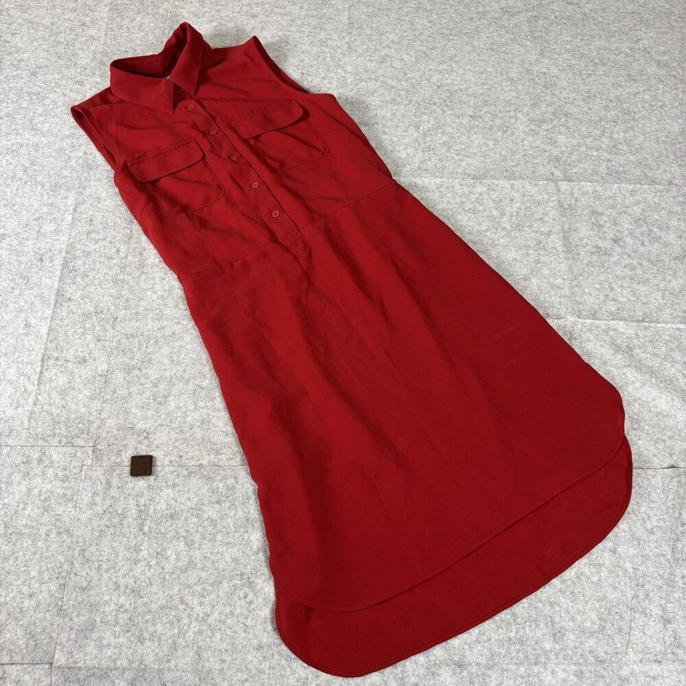 Uniqlo Sleeveless Collared Midi Dress Red Button Front Pockets Cinch Waist Small